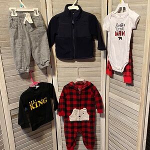 Baby Clothing Set with Red Plaid Onesie and Navy Blue Jacket